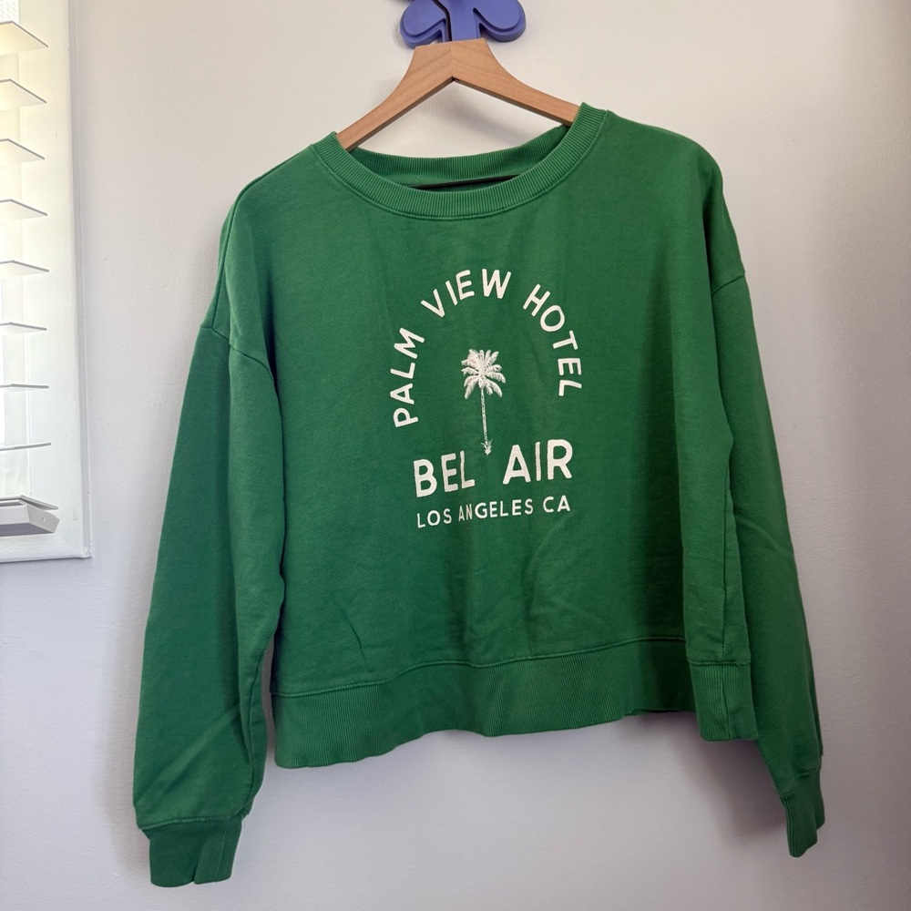 Anthropologie Green "Bel Air Palm View Hotel" Pullover Sweatshirt